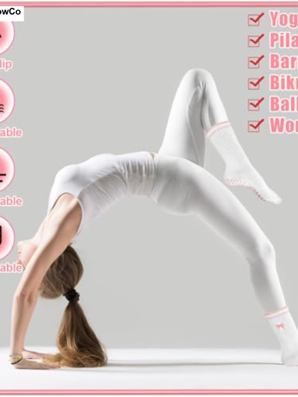 4 Pair Women's Cotton Pilates Socks with Silicone Grip, Non-Slip Yoga Socks - Picture 3 of 6